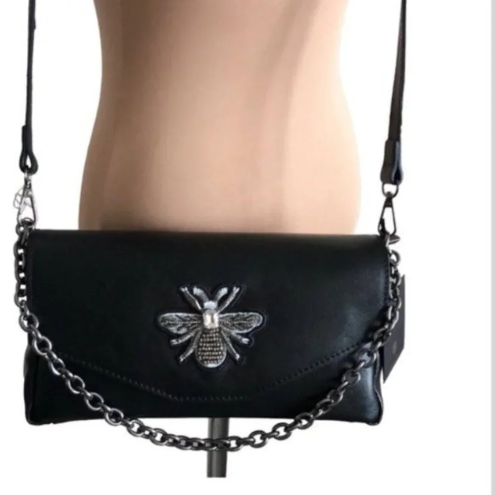 House of Harlow 1960 Gen Leather Crossbody Handbag Black Italy Bee Accent